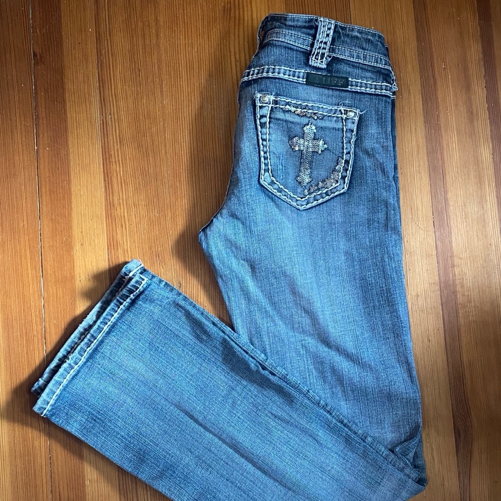 Cowgirl Tuff Blue Boot Cut Jeans with Cross Detail